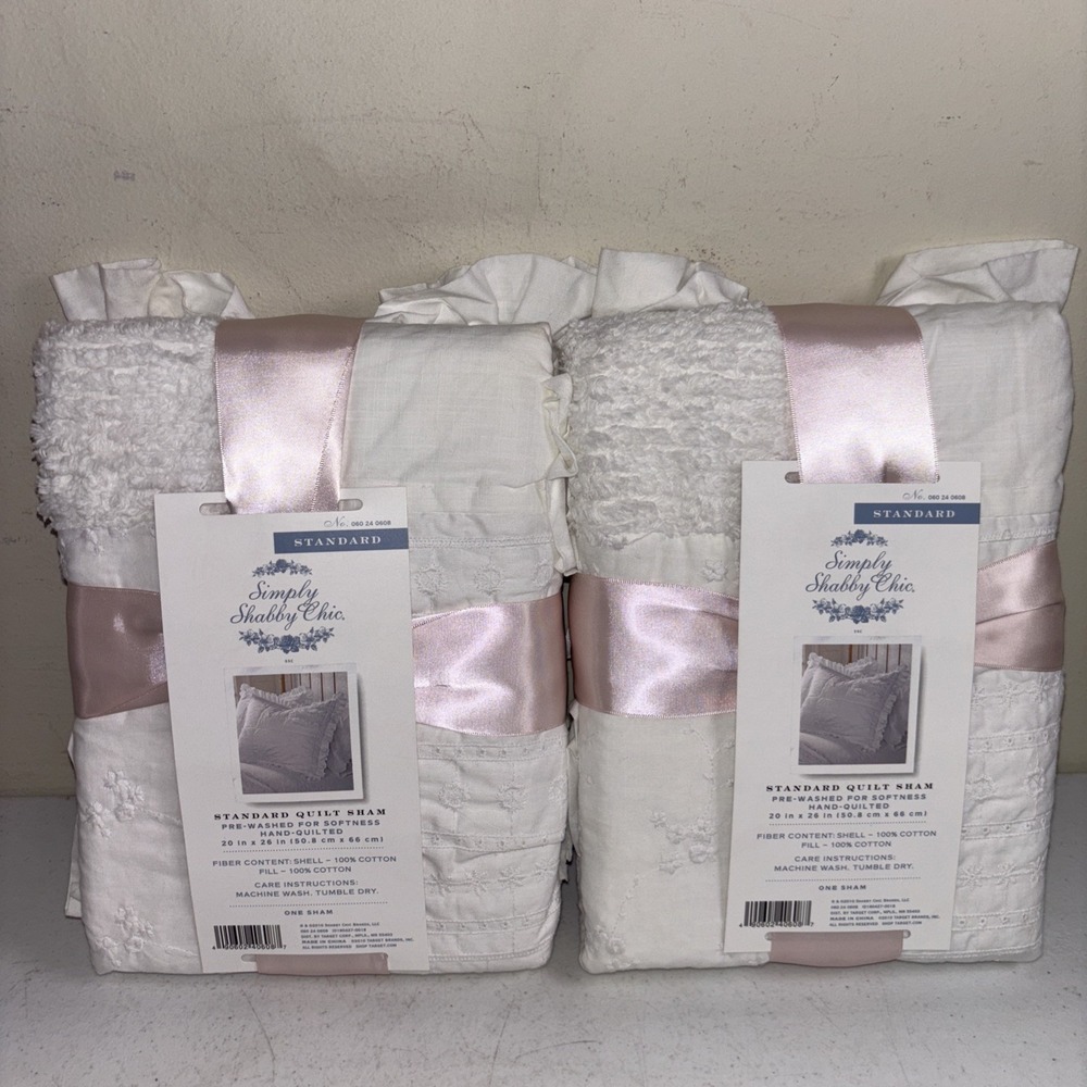 Simply Shabby Chic White Chenille Patchwork Ruffle Quilted Standard Shams Pair